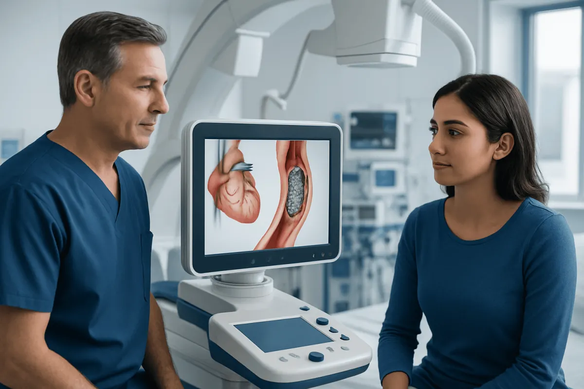 Medical professionals review a 3D heart model on a monitor during a consultation.