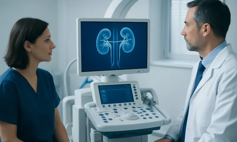 Urologist explaining kidney scan to patient in hospital.