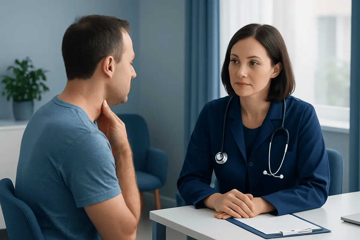 Doctor consulting with patient about neck lump and potential cancer risk.