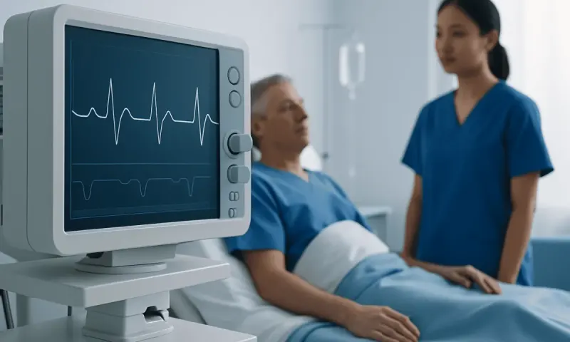 Hospital patient monitoring with ECG display in a clinical setting.