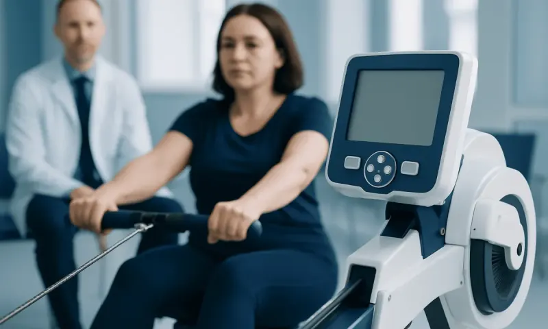 Woman using rowing machine during medical assessment at Acibadem Hospital.