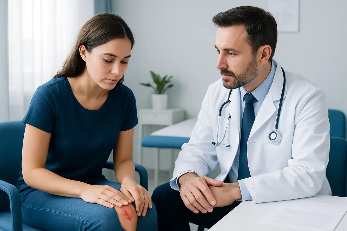 Doctor examining a patient's knee for infection signs.