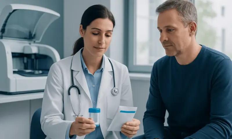 Doctor explaining stool test kit to patient in clinic setting.