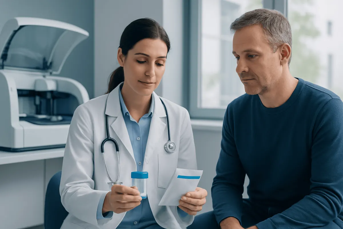 Doctor explaining stool test kit to patient in clinic setting.