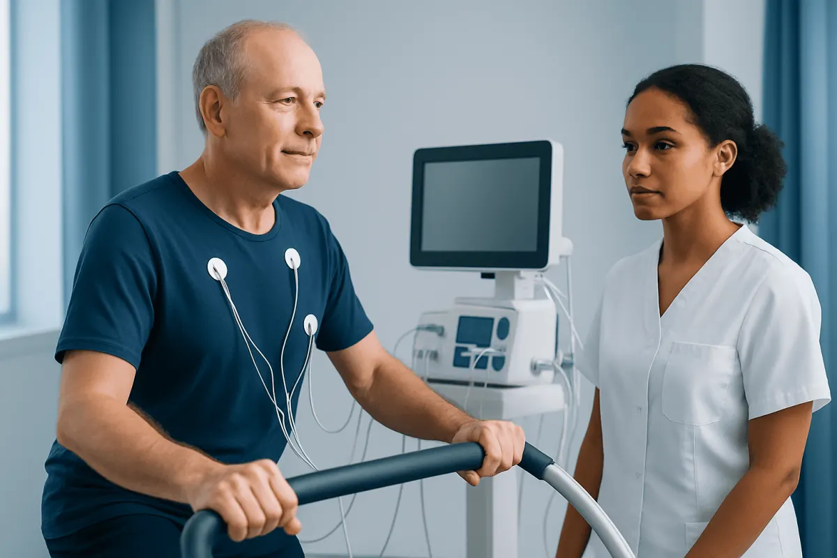 Elderly man undergoing stress test with medical staff assistance.