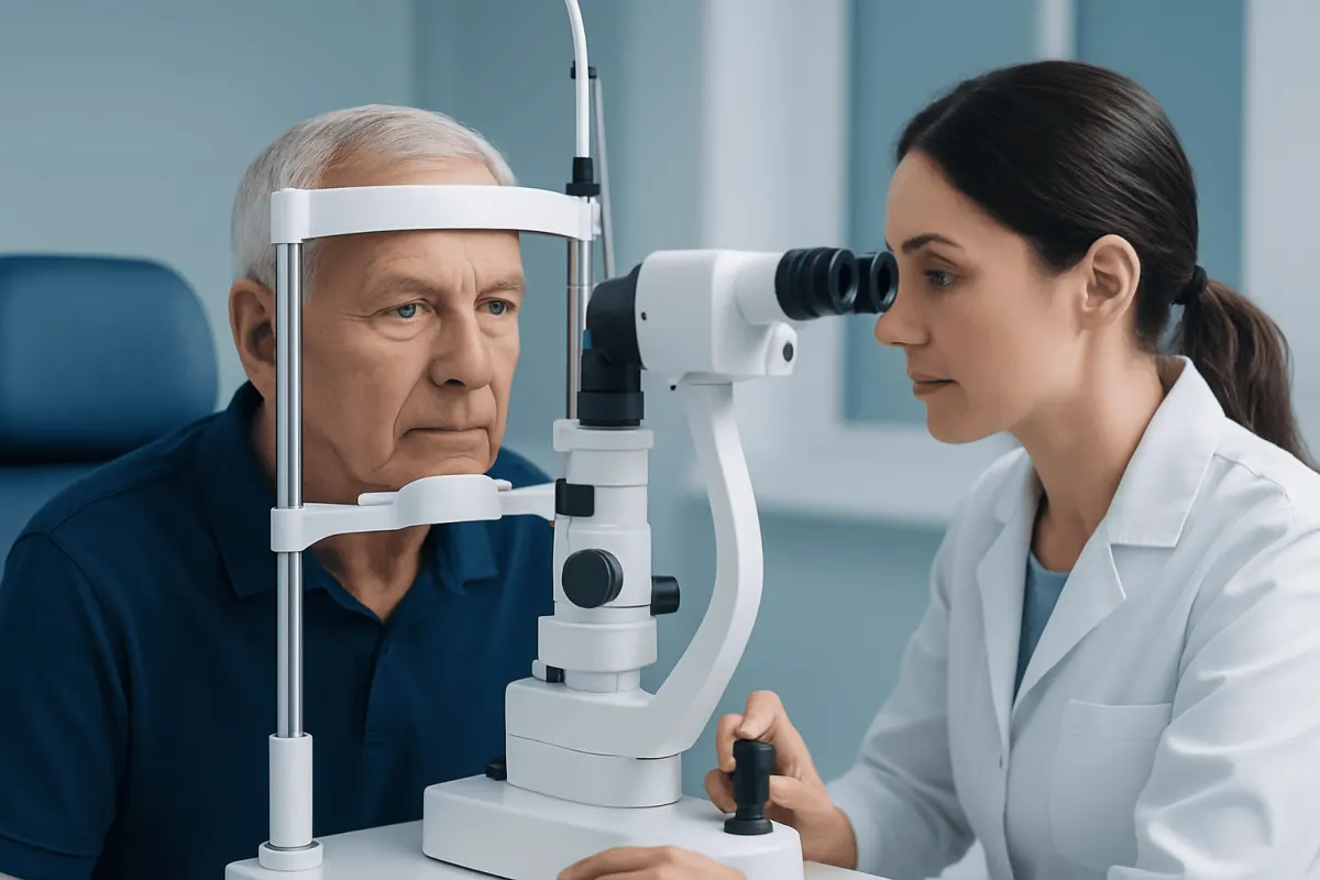 Ophthalmologist examining an elderly patient's eyes with a slit lamp.