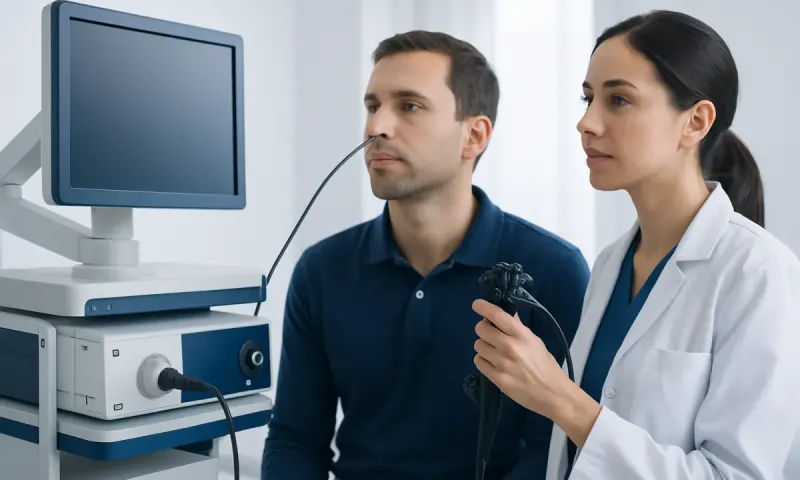 Medical examination with a man undergoing a diagnostic test at a hospital.