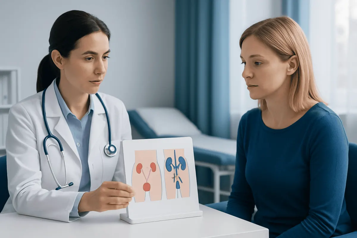 Doctor explains urostomy and nephrostomy to patient with diagrams.