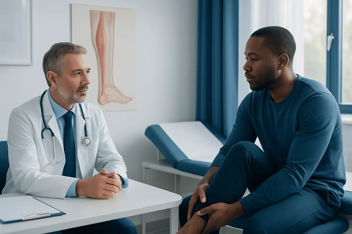 Doctor consulting with patient about Achilles tendon health in clinic.