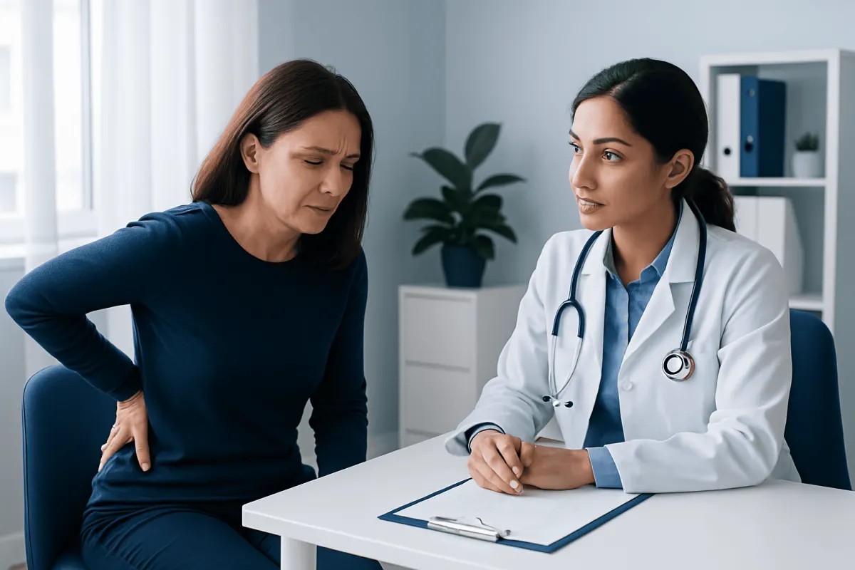 Doctor consulting with a patient about acid reflux and back pain.