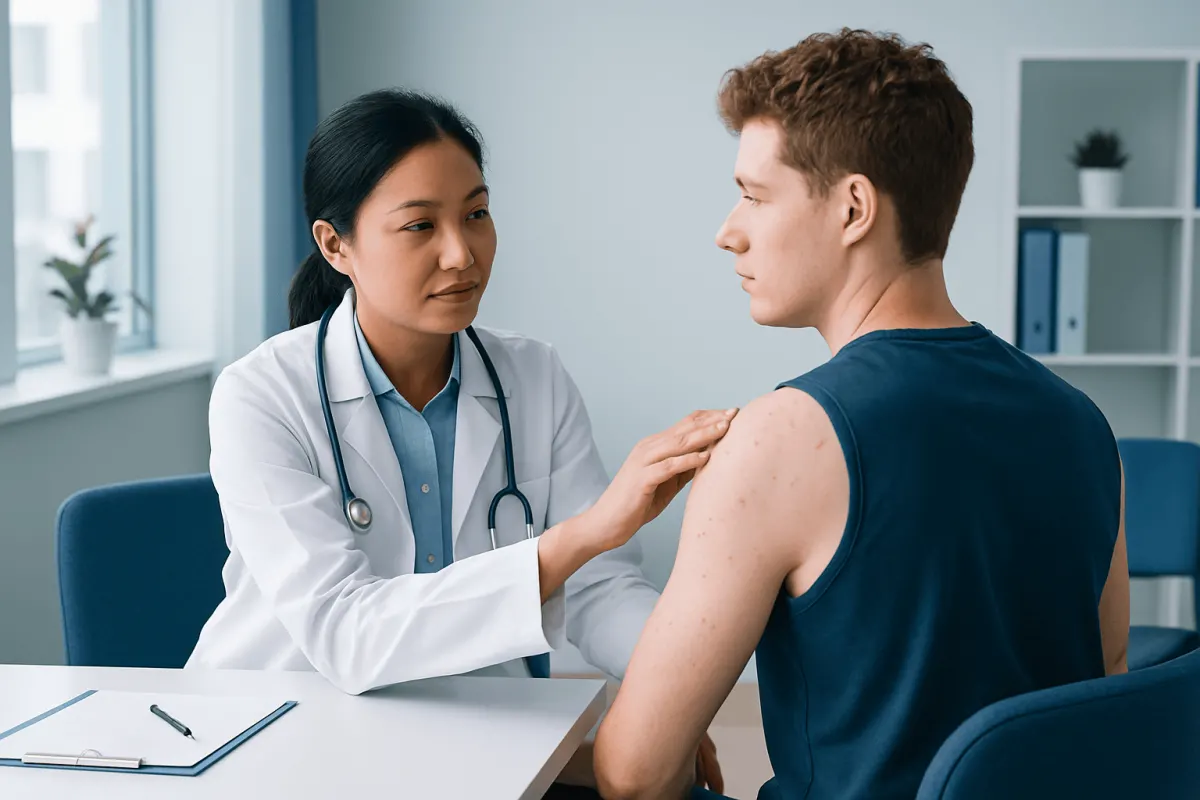 Doctor examining shoulder acne in a medical consultation room.