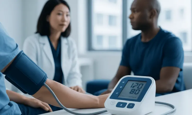 Doctor measuring patient's blood pressure in a clinical setting.