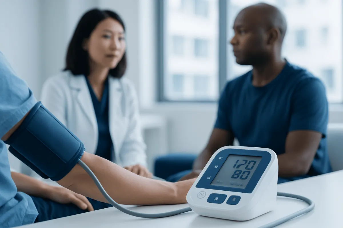 Doctor measuring patient's blood pressure in a clinical setting.