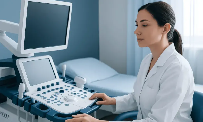 Medical professional operating ultrasound machine in hospital room.