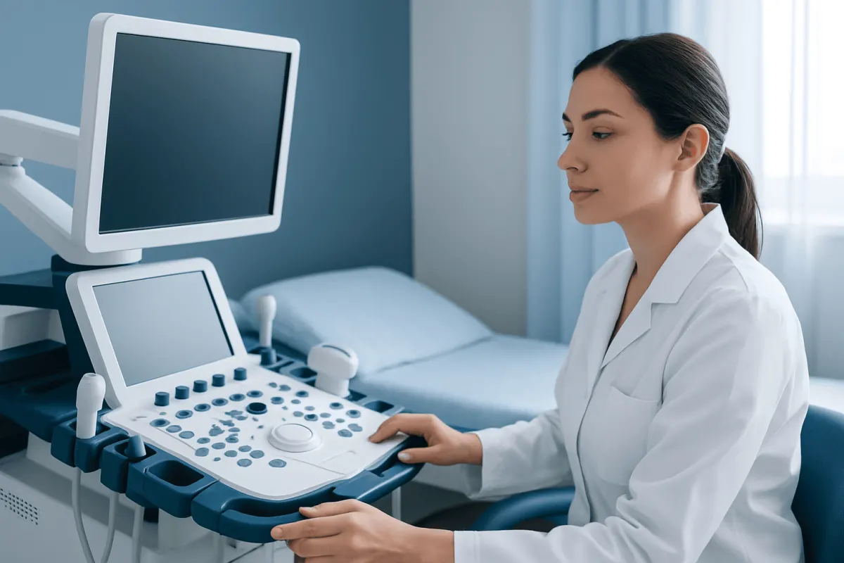 Medical professional operating ultrasound machine in hospital room.