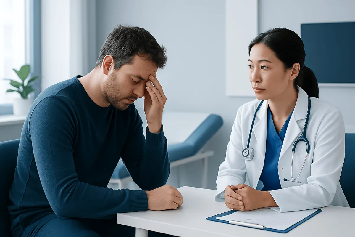 Patient experiencing headache consulting with doctor in clinic.