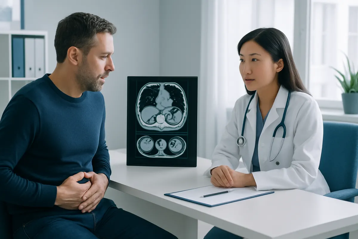 Doctor explaining abdominal CT scan results to patient in clinic.