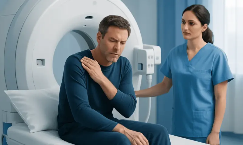 Patient experiencing shoulder pain before an MRI scan at Acibadem Hospital.