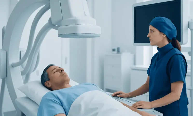 Patient undergoing angiogram procedure in a hospital setting.
