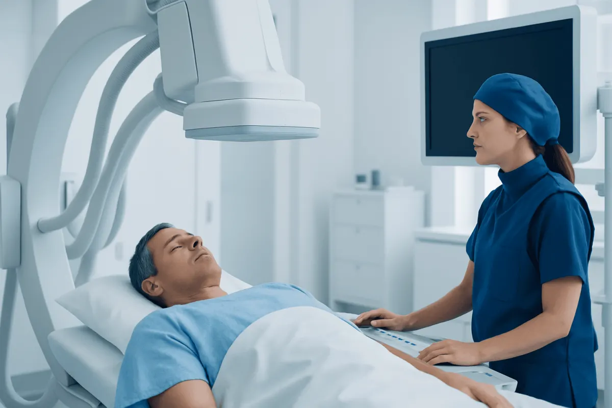 Patient undergoing angiogram procedure in a hospital setting.