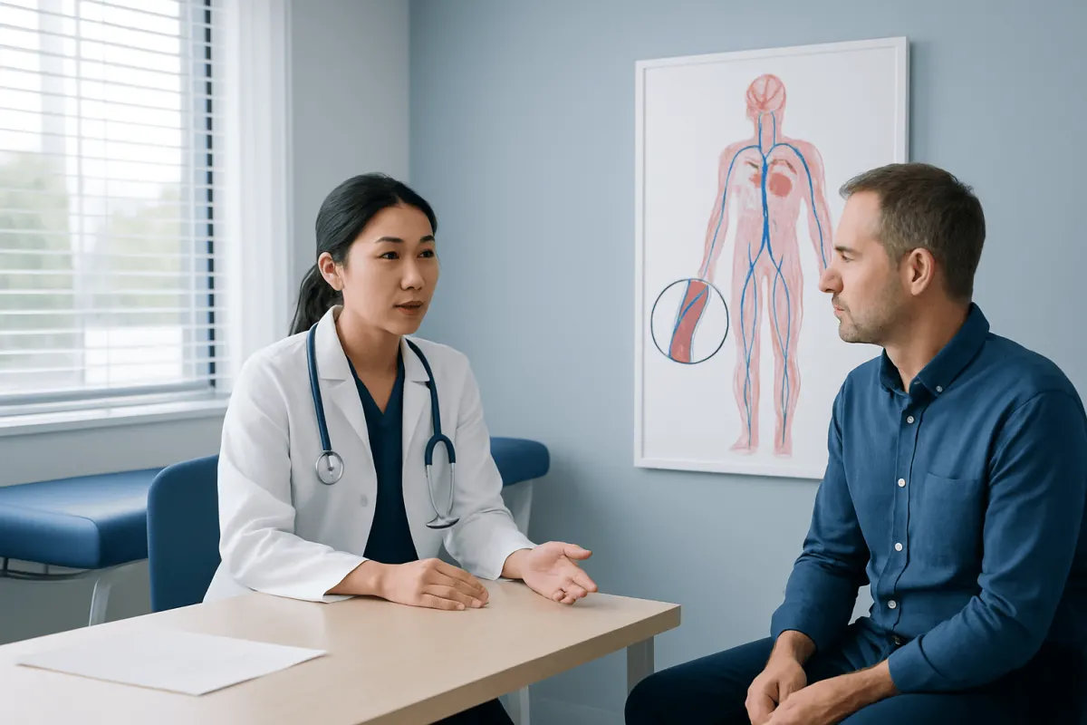 Doctor consulting with patient in medical office with anatomical diagram.