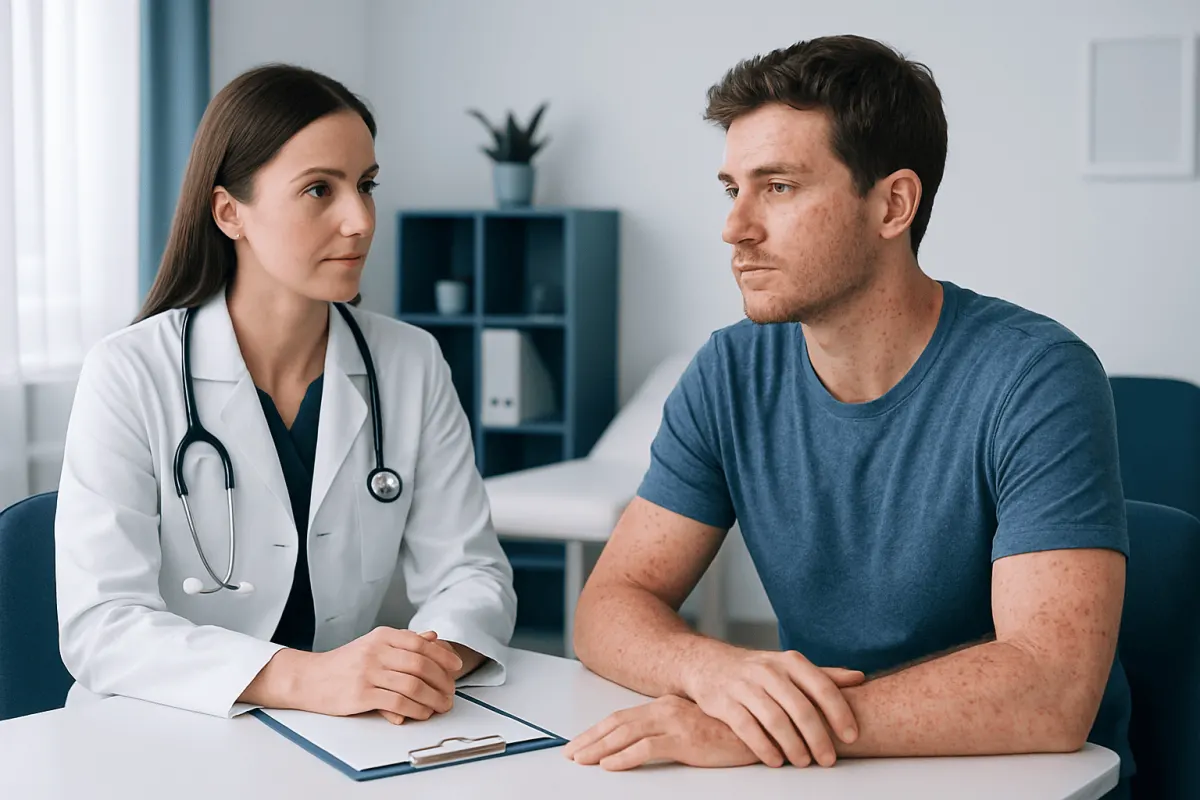 Doctor consulting with male patient in a medical office setting.