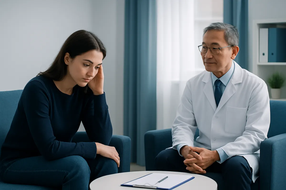 Doctor consulting with a young woman about anxiety in a clinical setting.