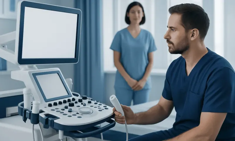 Medical professional using ultrasound machine in hospital setting.