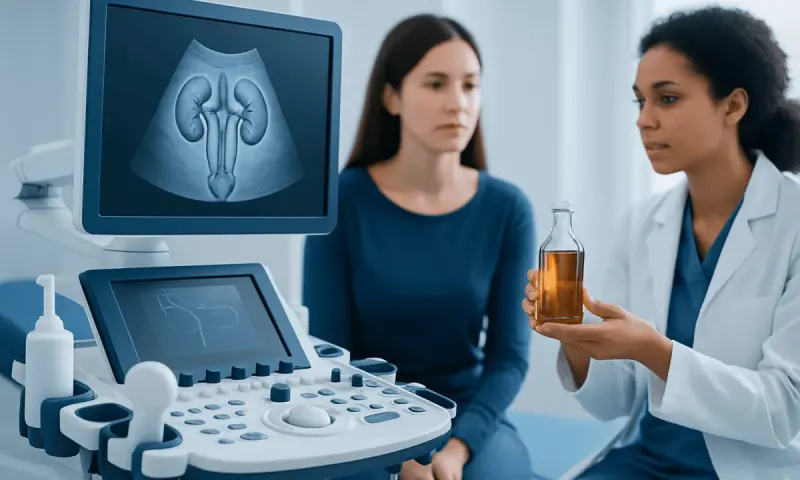 Doctor explains ultrasound scan results to patient in a medical clinic.