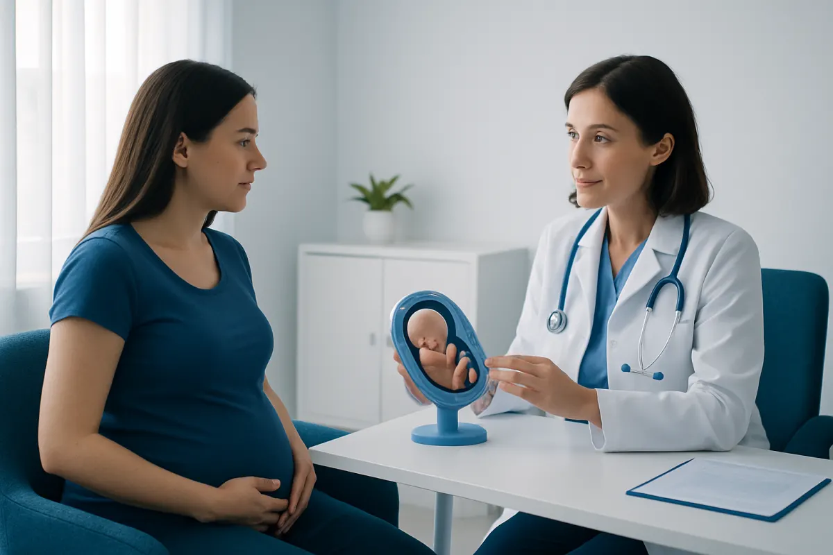Doctor showing ultrasound image of a fetus to pregnant woman in consultation room.