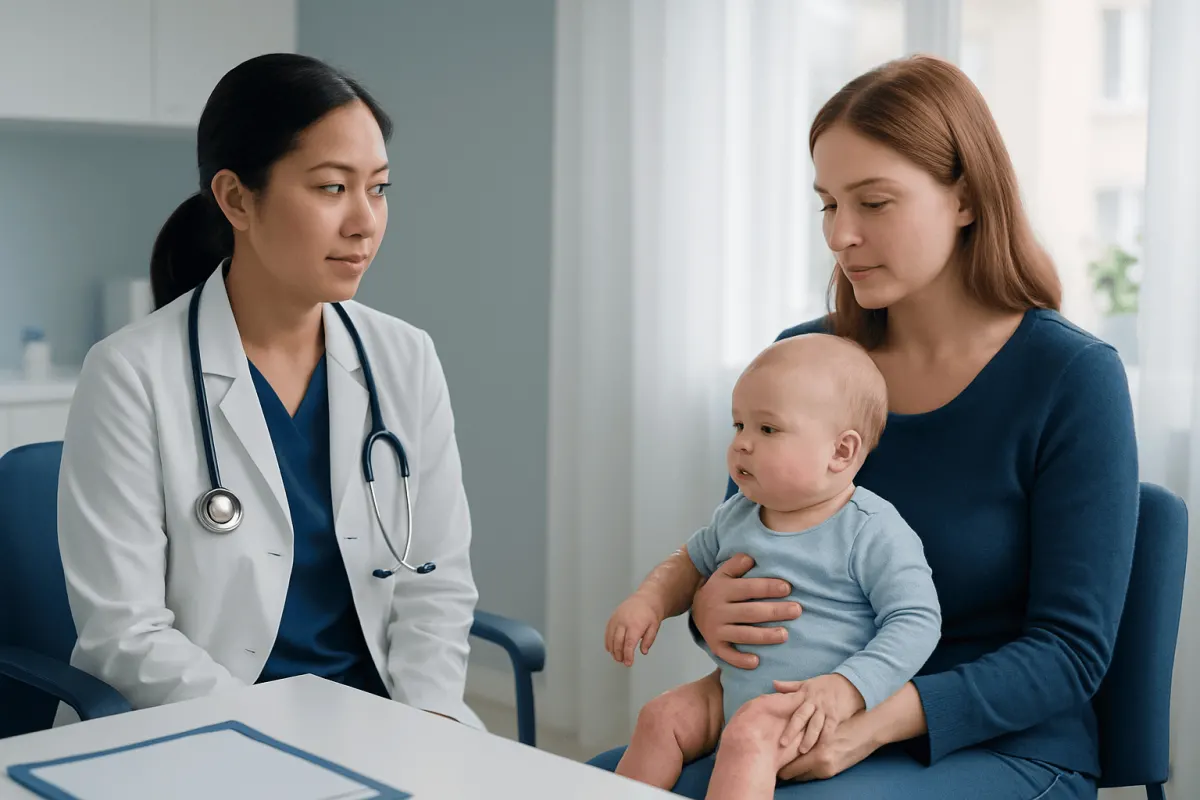 Pediatric consultation with a doctor and mother holding a baby in a clinic.