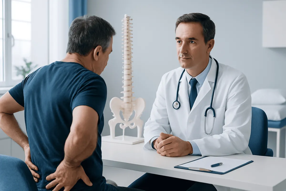 Doctor consulting with a patient about back pain at a medical clinic.
