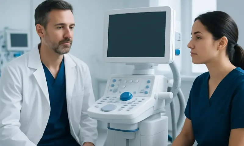 Medical professionals discussing patient care with ultrasound machine in background.