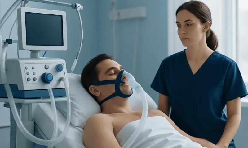 Patient in hospital bed with ventilator and medical staff nearby.