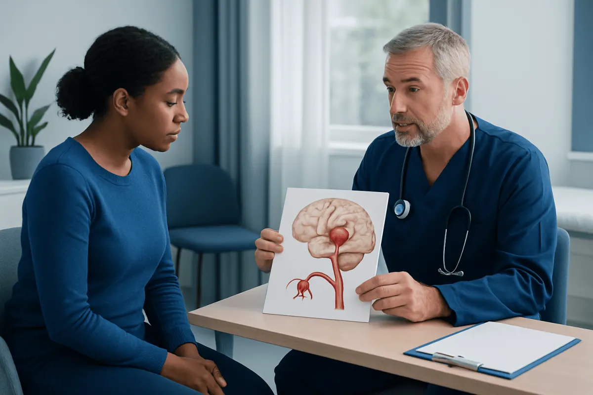 Doctor explaining brain aneurysm to patient with anatomical model.