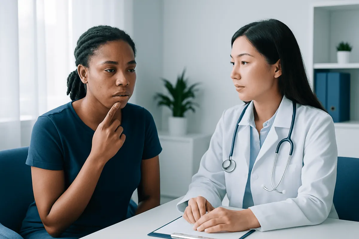 Doctor consulting with a patient about skin concerns in a medical office.