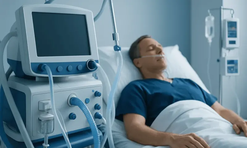 Patient in hospital bed connected to medical ventilator and monitors.