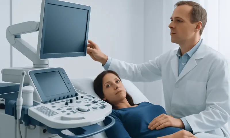 Doctor performing ultrasound exam on patient in hospital room.