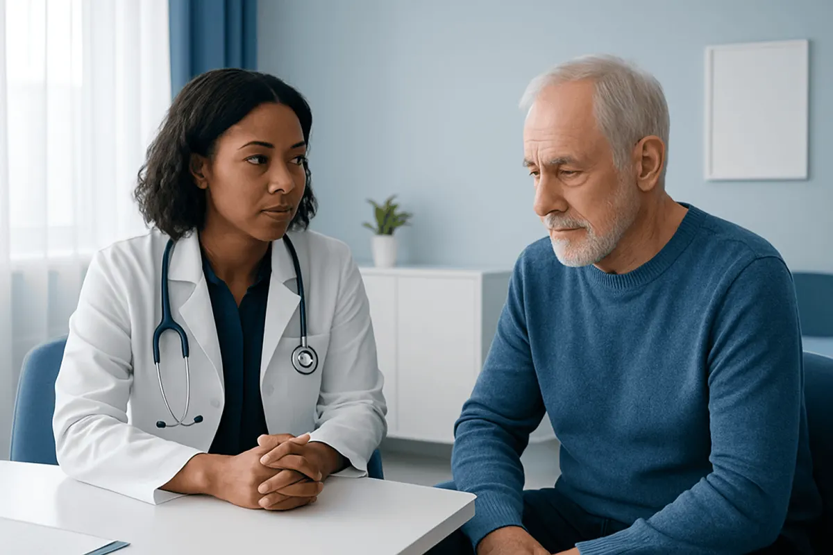 Doctor consulting with an elderly male patient in a medical office.