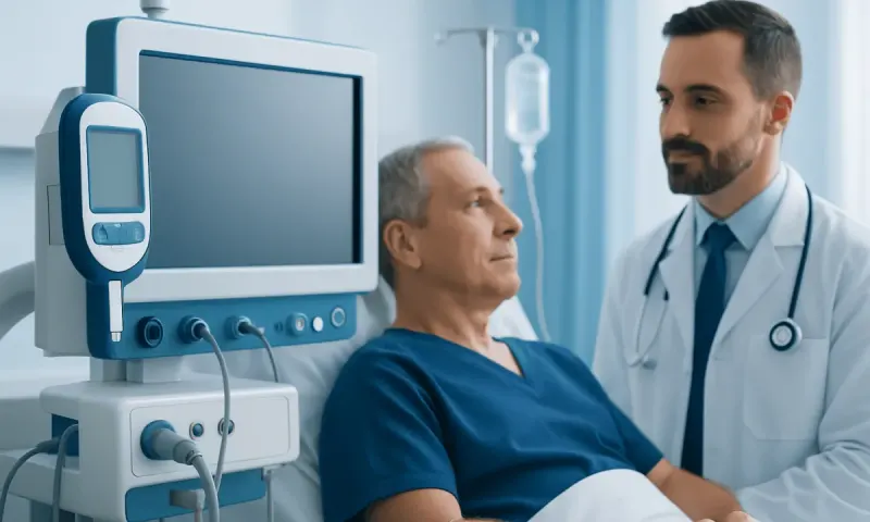 Doctor consulting with patient in hospital room with medical equipment.