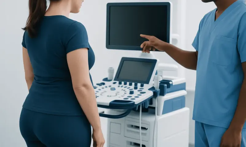 Medical professional explaining ultrasound results to a patient in a clinical setting.