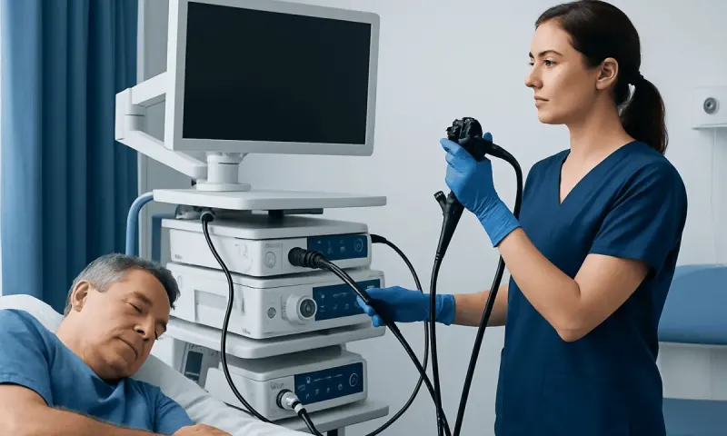 Doctor performing a colonoscopy on a patient in a hospital room.
