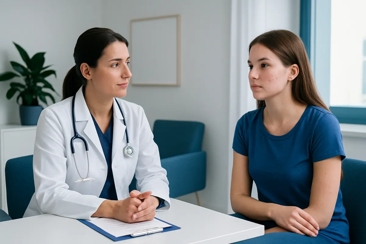 Doctor consulting with a young female patient in a medical office.