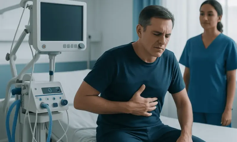 Man with chest pain in hospital bed with medical monitor nearby.