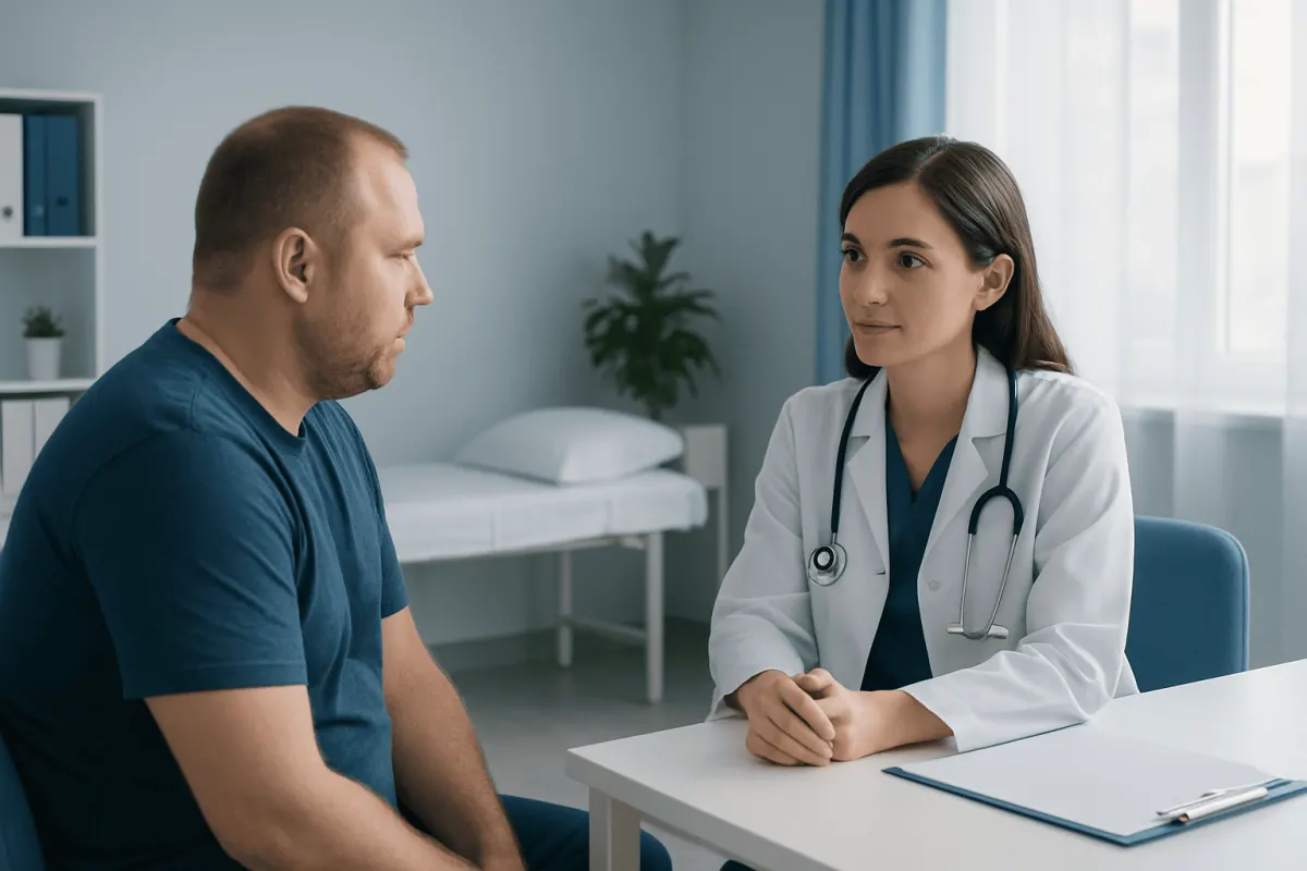 Doctor consulting with patient in a medical office setting.