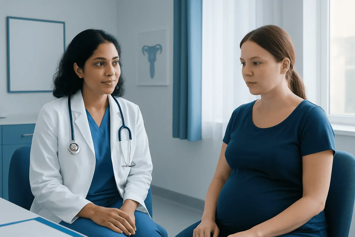 Doctor consulting pregnant woman in a medical office.