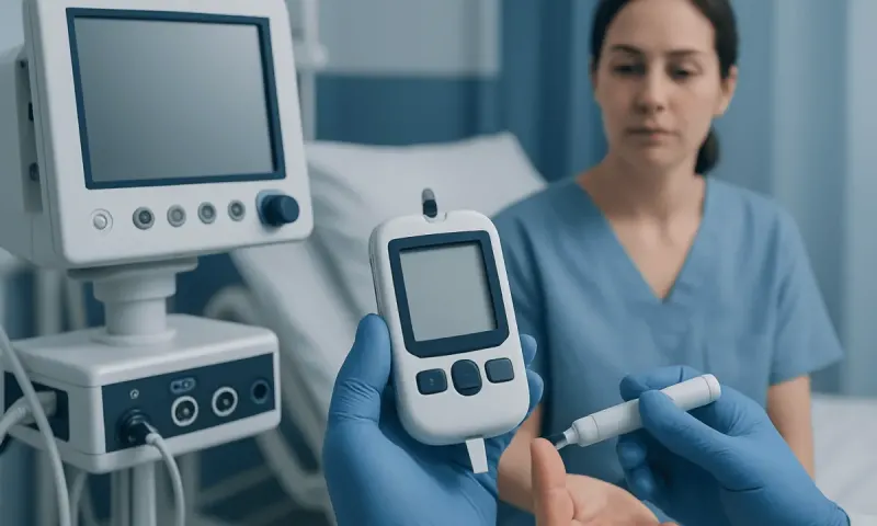 Medical professional preparing a blood glucose monitor for a patient.