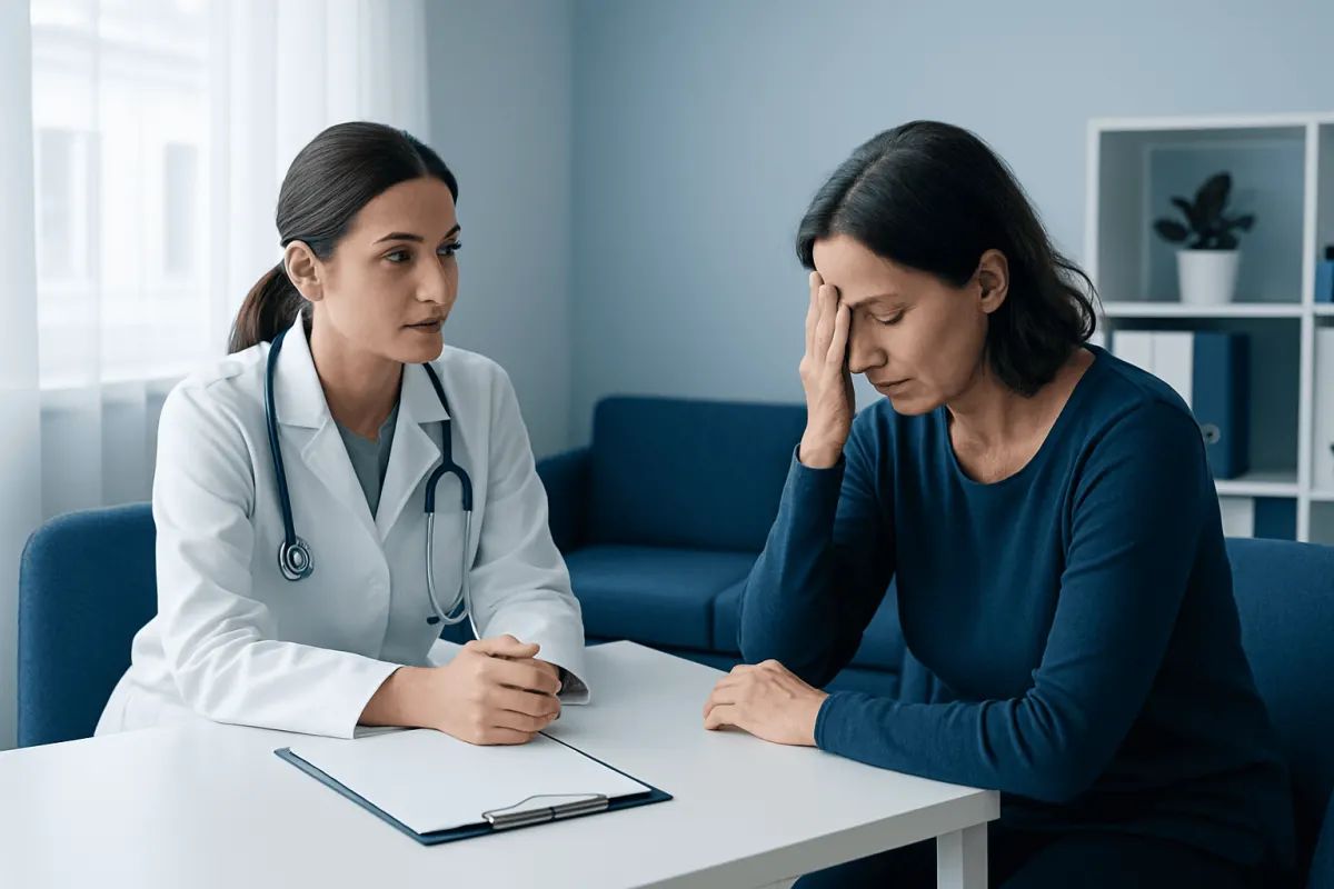 Doctor consulting with a woman experiencing stress or burnout.