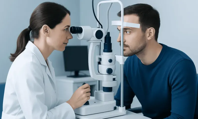 Optometrist examines patient's eyes with slit lamp at Acibadem Hospital.