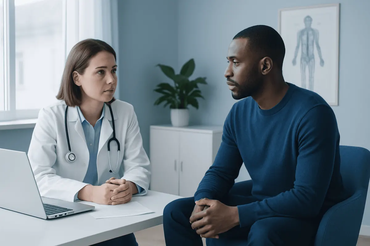 Doctor consulting with patient in a medical office setting.